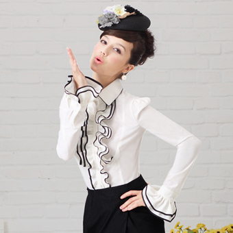 White Black Ruffle Puff Long-sleeve Women's Slim Shirt Fashion Lady Palace Vintage Blouses