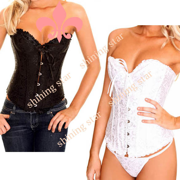 White/Black Sexy Corset Bustier G-String Lingerie Lace up Steel Hot Free Shipping 3106