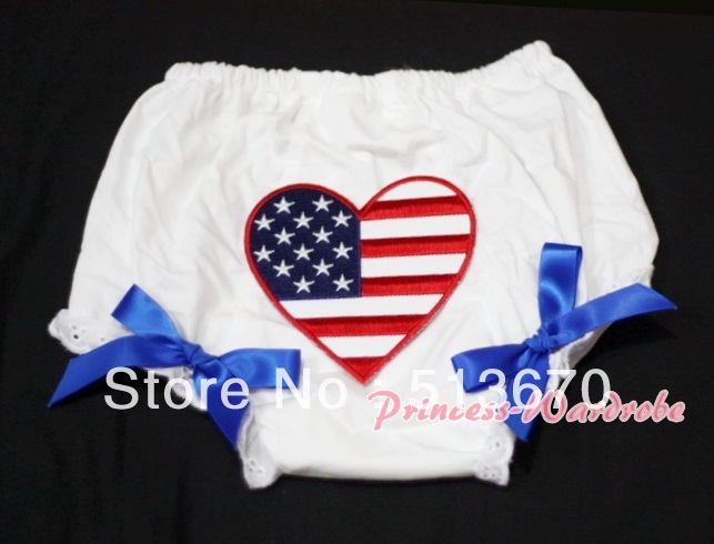 White Bloomers & Patriotic America Flag Heart & Royal Blue Bow MABL41