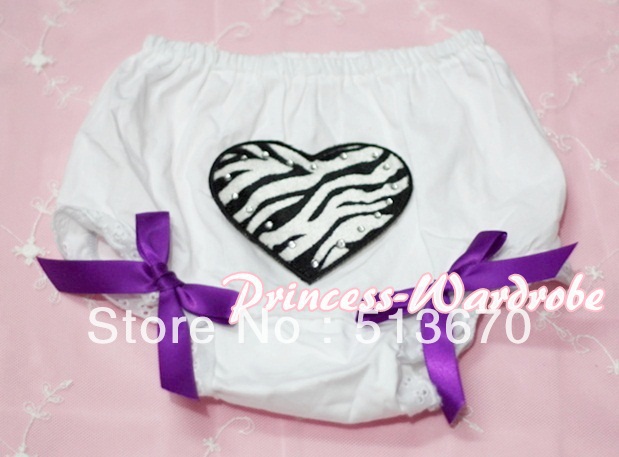 White Bloomers & Zebra Heart Print & Dark Purple Bows MABL26