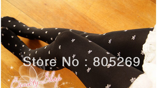 White bowknot Black Womens Sexy Opaque Pantyhose Tights Leggings