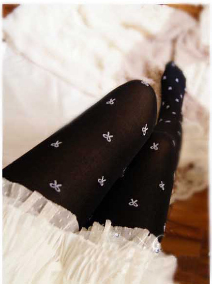 White bowknot Black Womens Sexy Opaque Pantyhose Tights Leggings