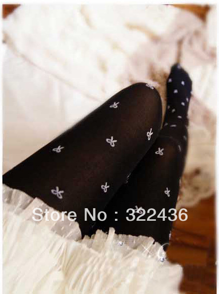 White bowknot Black Womens Sexy Opaque Pantyhose Tights Leggings