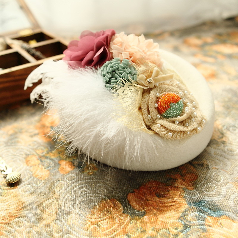 White bride handmade feather flower women's beret small fedoras woolen hat