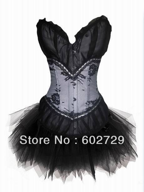 White Burlesque boned with black lace overlay lace up corset bustier +Mini Skirt showgirl dropship S-2XL