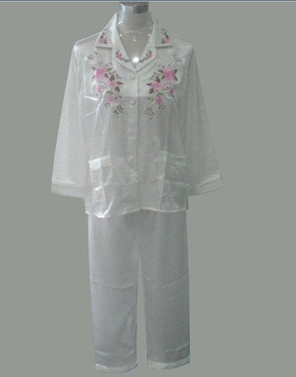 White Chinese Women's Satin Polyester 2pcs Nightwear Pyjamas Sleepwear Robe Gown M L XL XXL Free Shipping 0851-1