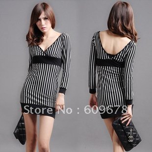 White-collar before and after cross double deep V collar vertical stripe sexy temperament melting dress