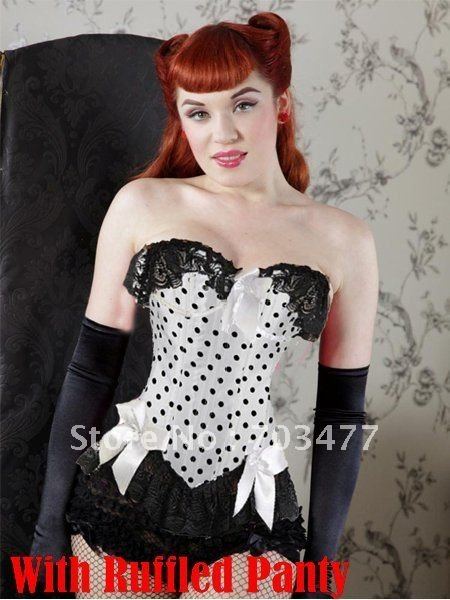 White dot corset bow sexy corset with ruffled panty hot sale corset sexy lingerie 2012 wholesale and retail fast delivery