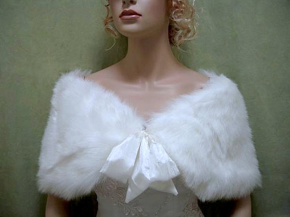 White faux fur bridal wrap shrug stole shawl Cape C002-White