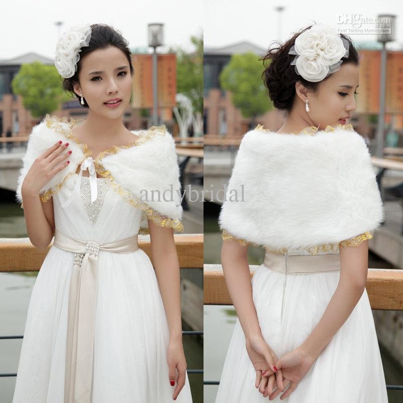 White Faux Fur Gold Lace Bridal Wraps Wedding Dress Wraps For Winter Dresses