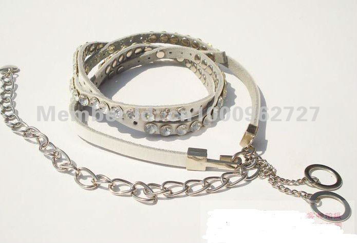white Genuine Leather Belt Lady's Fashion Thin Belt  Crystal Stone Hollow ree shipping YE02-2