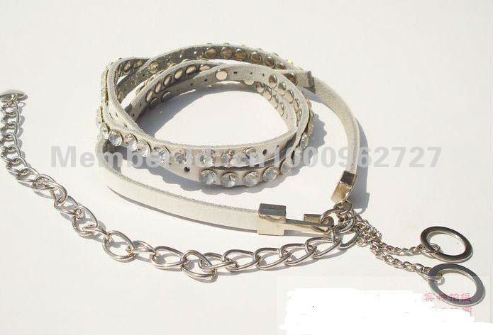 white Genuine Leather Belt Lady's Fashion Thin Belt Crystal Stone Hollow ree shipping YE02-2