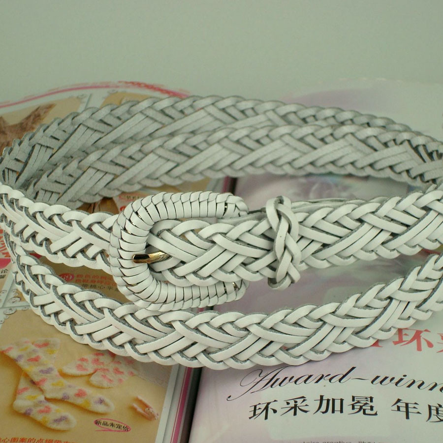 White genuine leather knitted personality casual women's pin buckle belt strap