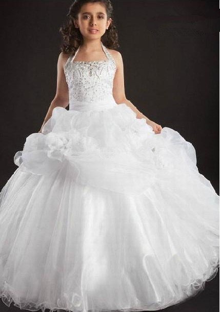 White Halter Ankle Lenght Chiffon Handmade Flower Flower Girl Dresses Prom Gown Custom Made