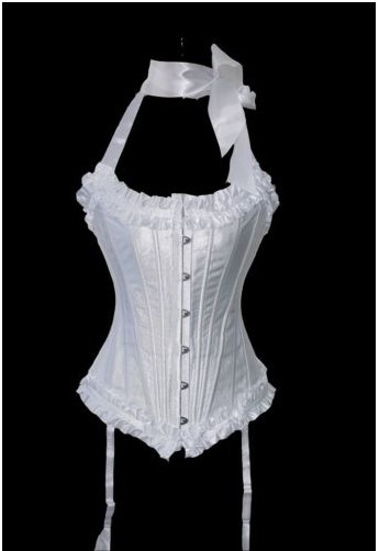 White  heavily spiral steel boned lace up steel busk with stap and garter bodyshaper S-2XL