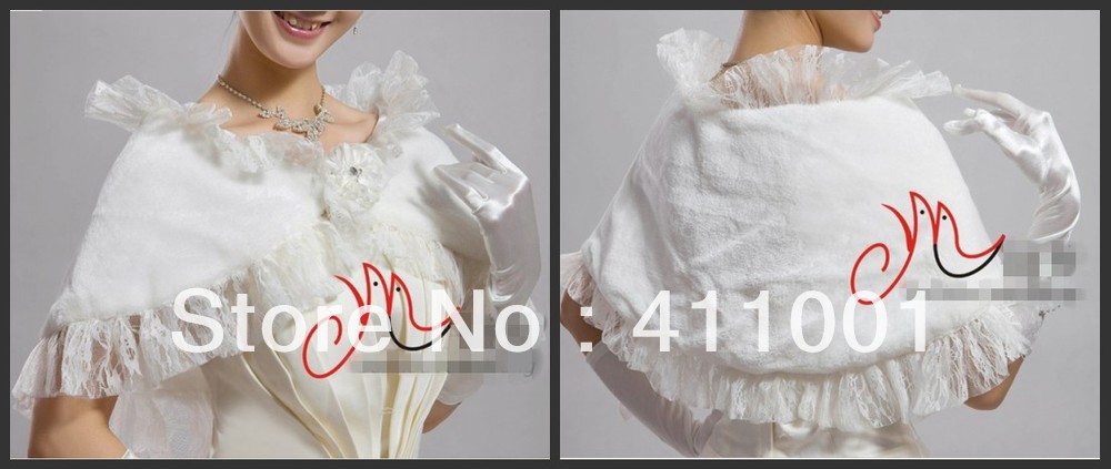 White Lace Faux Fur Bolero/Shawl  Winter Warm Coat/Cloak Bridal Wraps Wedding Dress Jacket  in Stock Ready to Ship