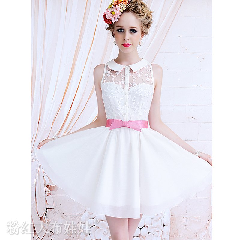 White lace SPLICING slim waist expansion bottom turn-down collar sleeveless one-piece dress