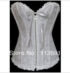 White lace up boned corset busiter zipper front showgril costume S-2XL M0239
