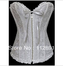 White lace up boned corset busiter zipper front showgril costume S-2XL  M0239