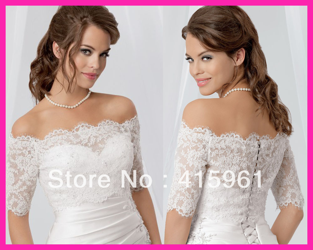 White Off the Shoulder Beaded Lace Short Sleeves Bridal Wedding Jackets Bolero J151