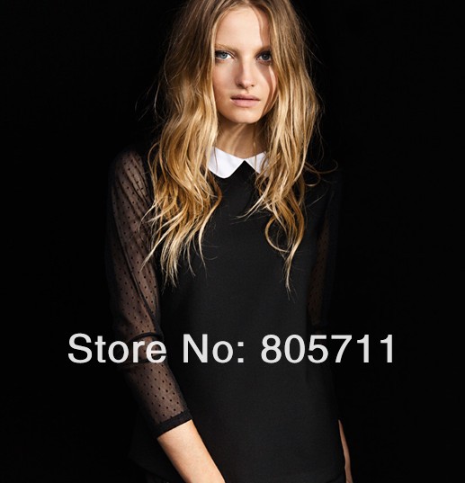 White Peter Pan Collar Gauze Long Sleeve Black Blouse Women's Pullover Shirts Hot Sale Drop Shipping