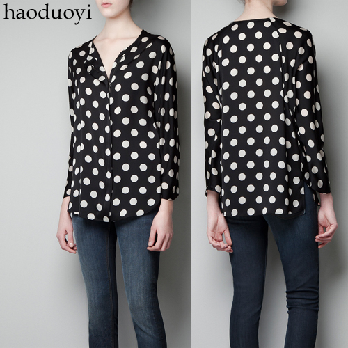 White polka dot female short fork round sweep long-sleeve shirt zipper dot blouse 6 full free shipping