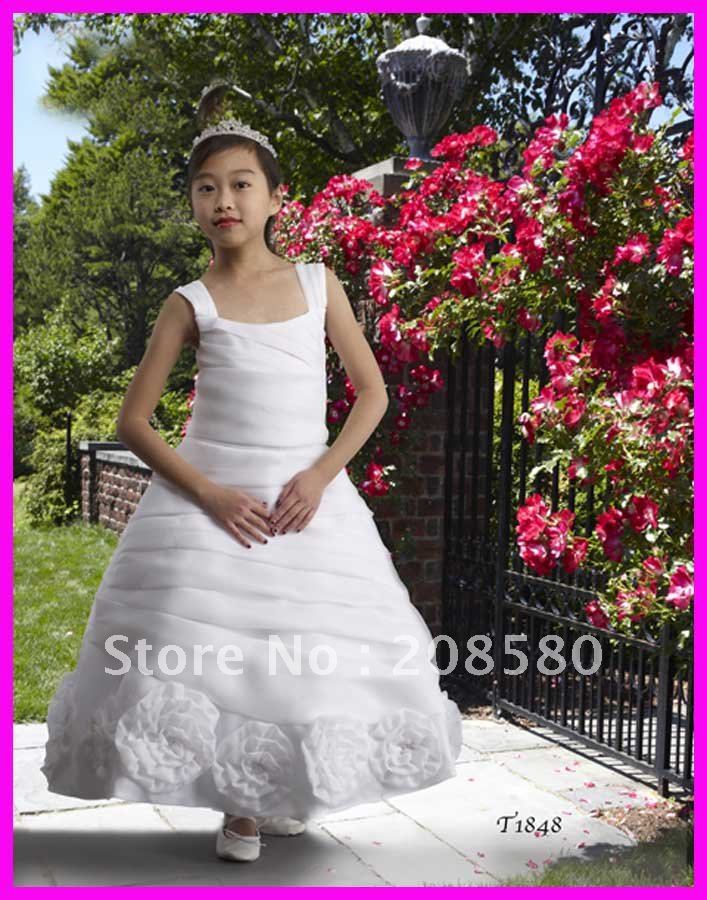 White Princess Ankle-Length Organza Flowers Straps Flower Girl Dresses F165