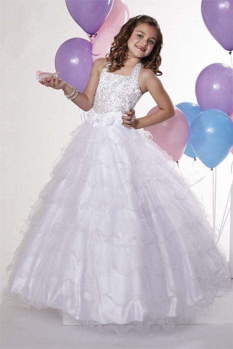 White Princess Flower Girl Bridal Sequins Prom Dress 12M