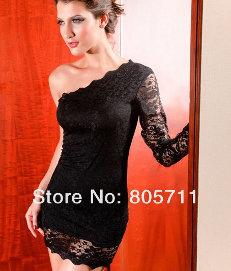 White Red Black Translucent Oblique Shoulder Long Sleeve Sexy Lace Dresses New Fashion Ruffles Club Dress