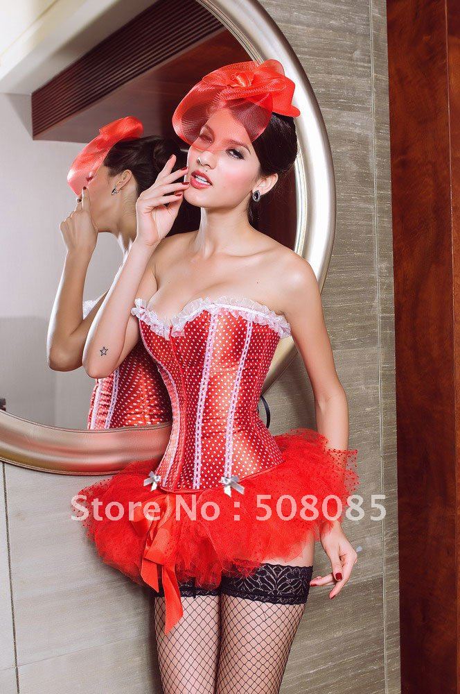 White Red Dots Crossing Lace Lace Side Sexy Corset Bodybuilding Corset Bust Vest 5189