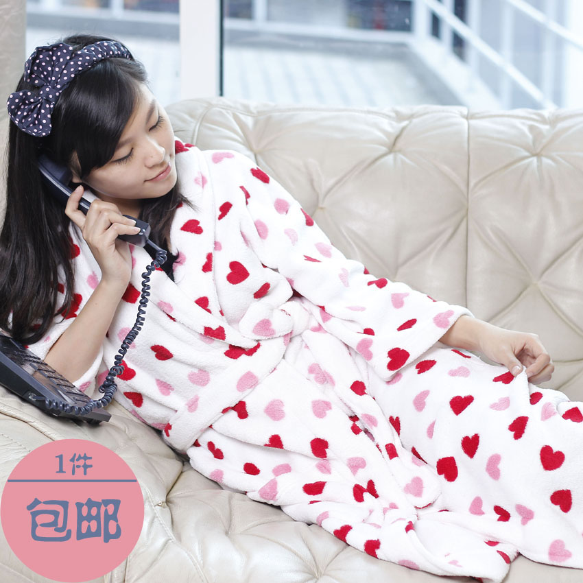 White red heart coral fleece plush lacing long design female lounge robe sleepwear