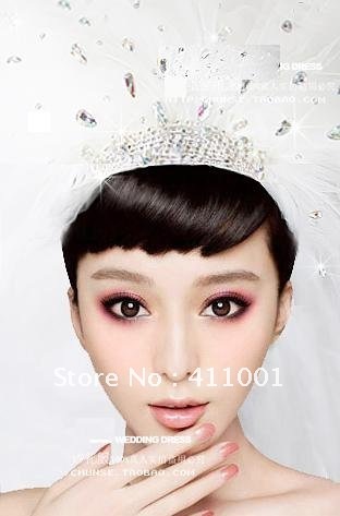 White Rhinestone Three-Layer Super Long with Train Bridal Veil Crown Set Wedding Accesorries for Brides Free shipping