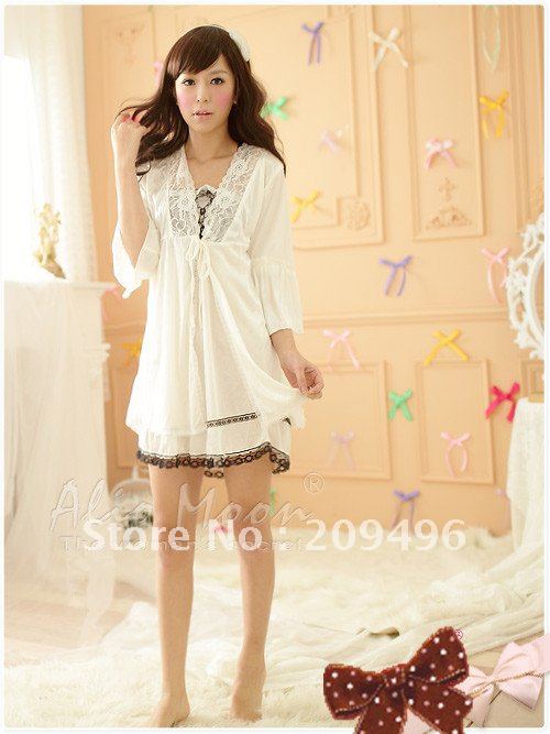 White robe satin chemise+robe black lace hem nightgown women bathrobe sex sleepwear pajamas set high quality free shipping