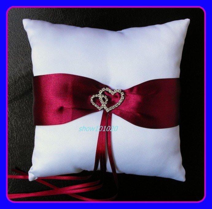 White Satin Wedding Ring Cushion With Burgundy Ribbons/Bridal Pillow