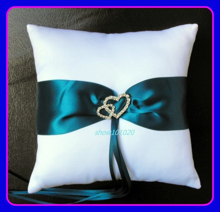 White Satin Wedding Ring Cushion With Burgundy Ribbons/Bridal Pillow