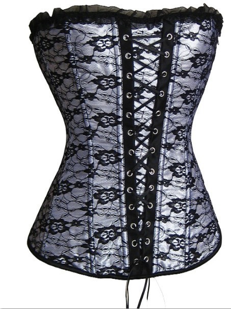 White satin with black lace overlay corset bustier lace up front showgirl lingerie factory supplier S--2XL