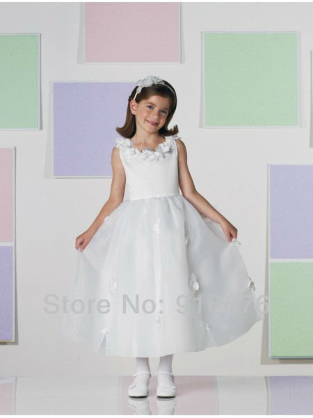 white scoop ball gown scattered flower sleeveless ankle length organza birthday dresses for girls