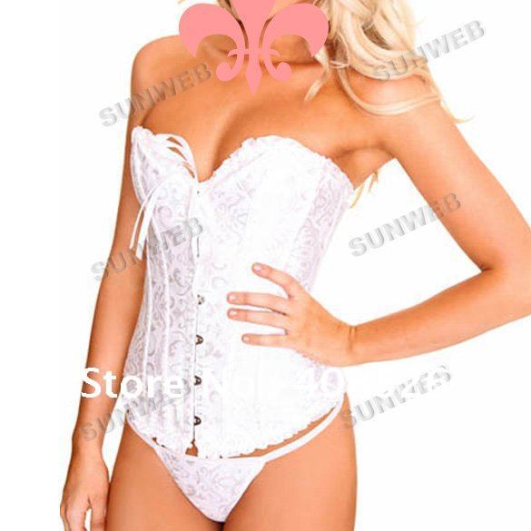 White Sexy Lace up Steel Corset Bustier G-String Shapers Underwear Sleepwear 3106