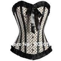 White Sexy Women Lace Up Boned Bustiers Polka Dot Corset Waist Cincher Overbust Party Costumes Clothing Set