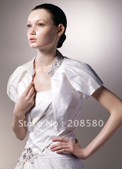White Short Sleeve Beaded Taffeta Custom Made Bridal Jackets Wedding Boleros J12