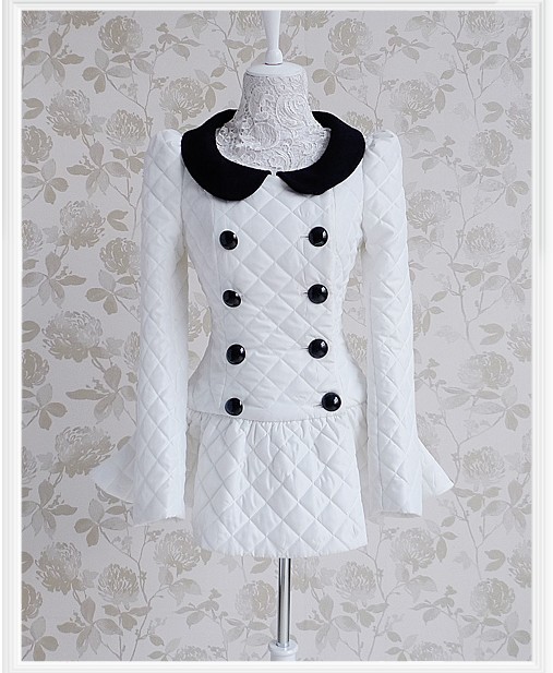 White square grid black slim expansion bottom double breasted cotton-padded jacket 862