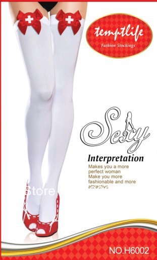 White Thigh High with Stain Bow and Nurse Badge Sexy thick Stockings wholesale retail sexy hosiery 6002