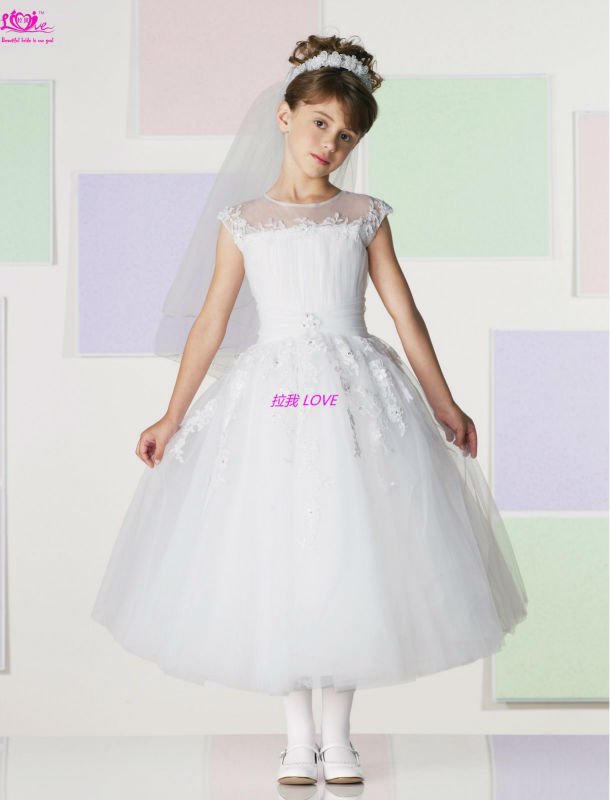 White Tulle Beautiful Appliqued Flower Princess Ball Gown Flower Girl Dress