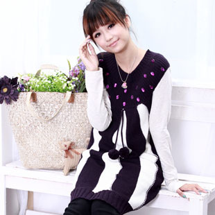 White vertical stripe sleeveless fashion beaded dress sweater sweet all-match knit dress