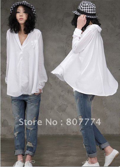 White wholesale Women Fashion Preppy Style Plus Large Blouse Shirt Loose Fit Blouse M-XL mix order FREE SHIPPING