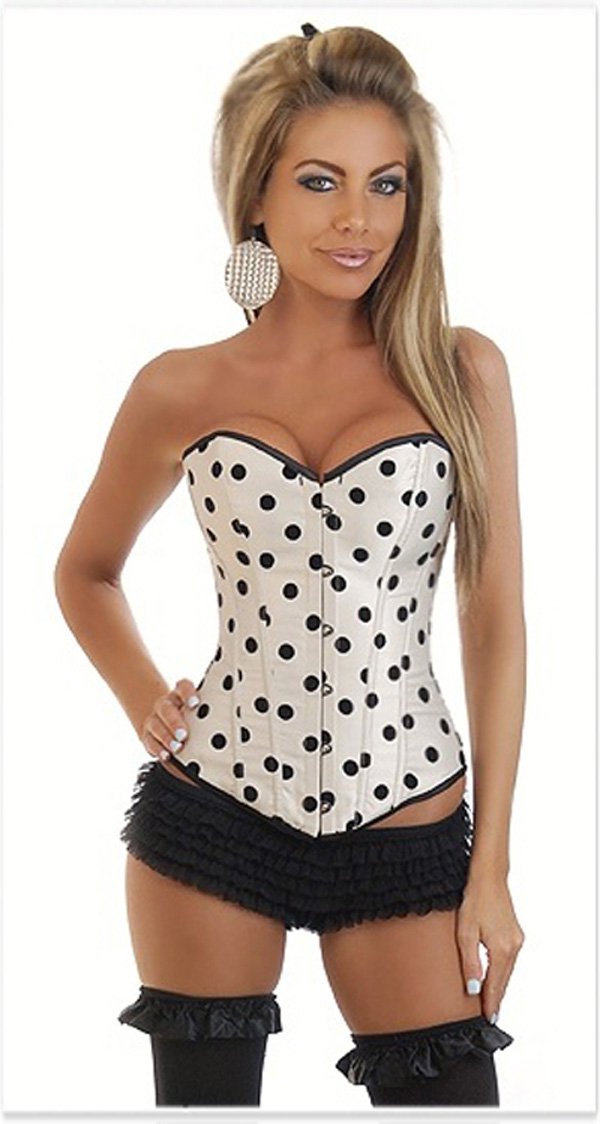 White with Black Dots Brocade Pattern Overbust Corset Free shipping - 2763white