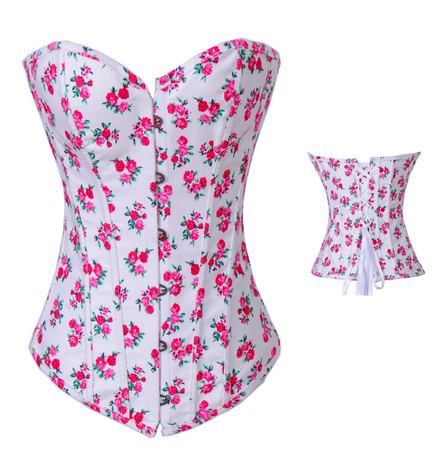 White with flower jeans lace up boned fashion corset busiter S-2XL