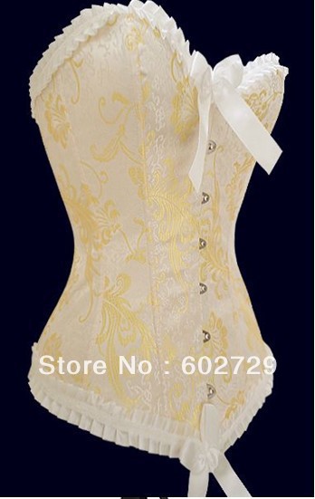 White with golden print satin boned lace up corset busiter underwear lingerie factory supplier S-2XL