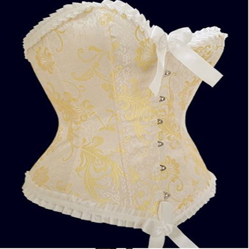 White with golden  print  satin boned lace up corset bustier underwear lingerie factory supplier S-2XL