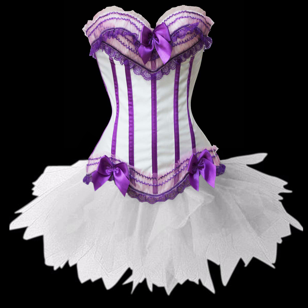 White with Purple stripe satin boned lace up corset bustier clubwear showgirl  +TUTU Skirt dropship  S-2XL